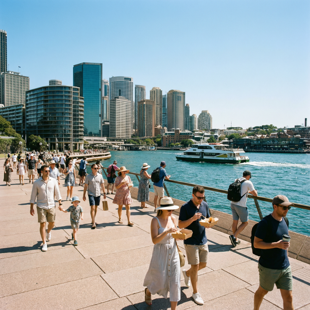 People walking along a sunlit Sydney harbourside boardwalk with the city skyline and a ferry in the background.