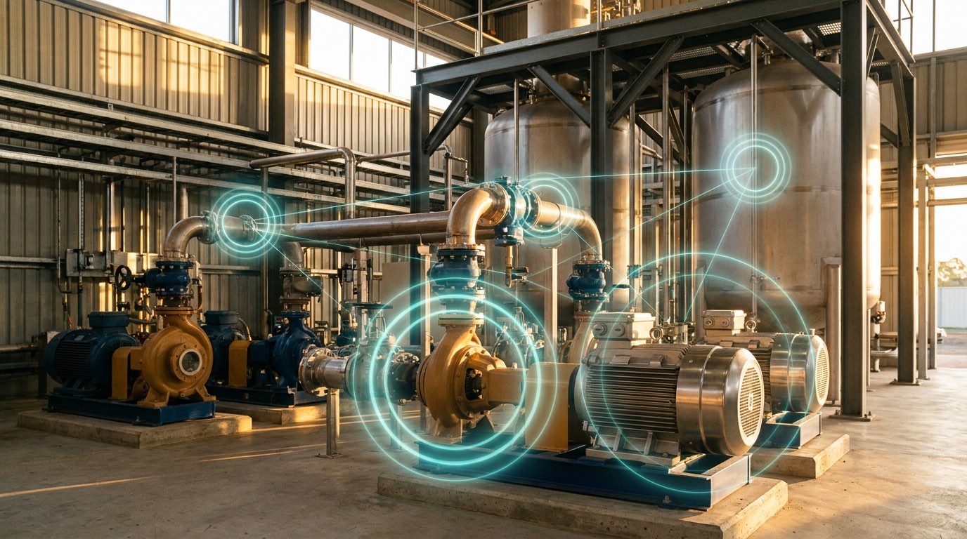 A warm-lit industrial process plant of pumps, motors, pipework and tanks, overlaid with a subtle teal sensing mesh glowing across multiple assets