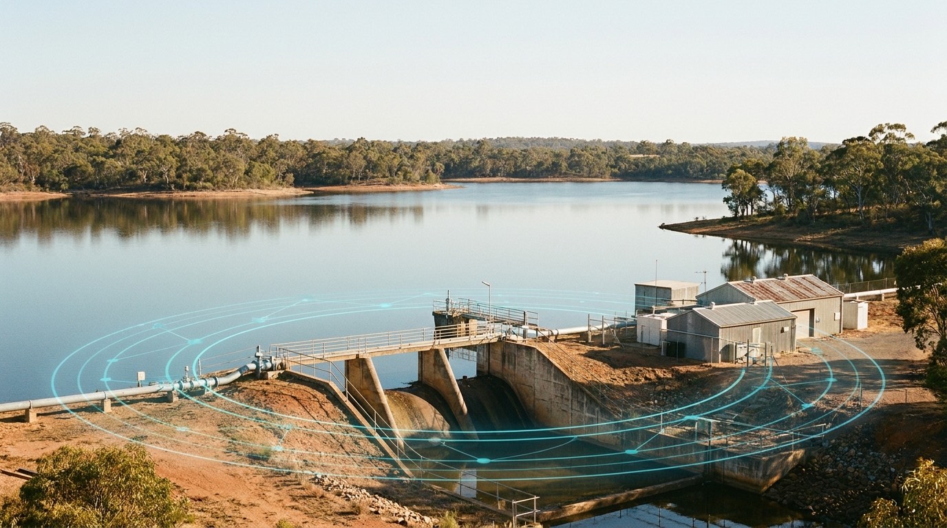 An Australian regional water reservoir and pump station at warm light, with concentric teal data rings radiating from the infrastructure to suggest wireless sensing