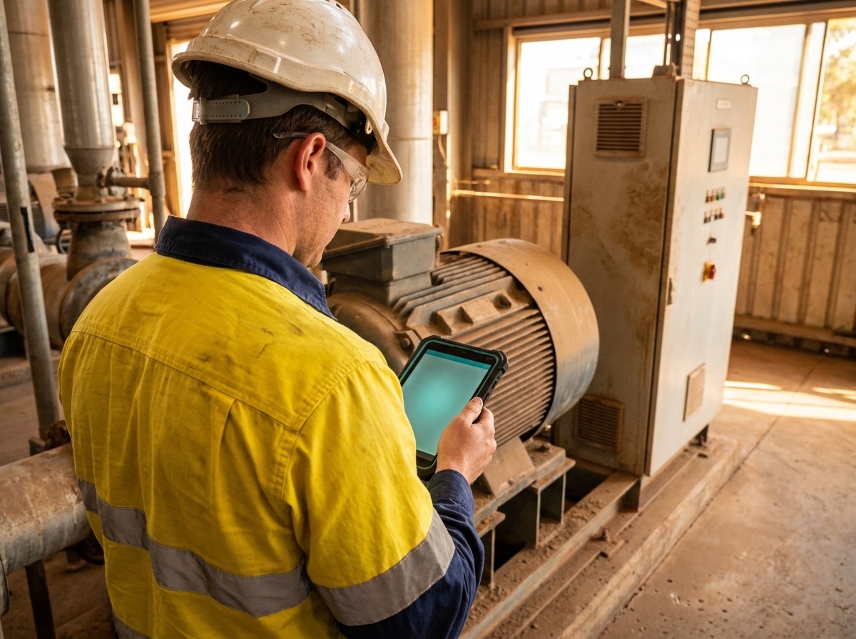 An operations engineer in Australian hi-vis reviewing live asset-health data on a tablet beside a large motor and control panel