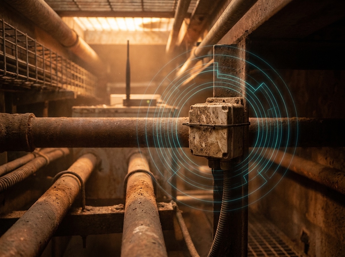 A rugged wireless sensor in a hard-to-reach sub-floor plant area, its signal reaching out toward a distant gateway