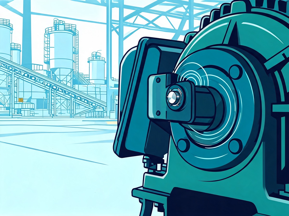 Illustration of a wireless sensor monitoring an industrial machine in a mining processing plant, signalling early signs of mechanical change