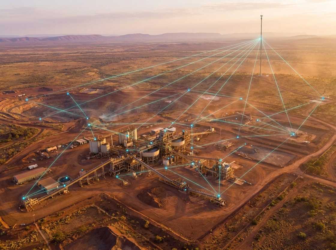 Aerial of a vast remote Australian industrial site where one long-range LoRaWAN gateway connects sensors scattered across the whole area