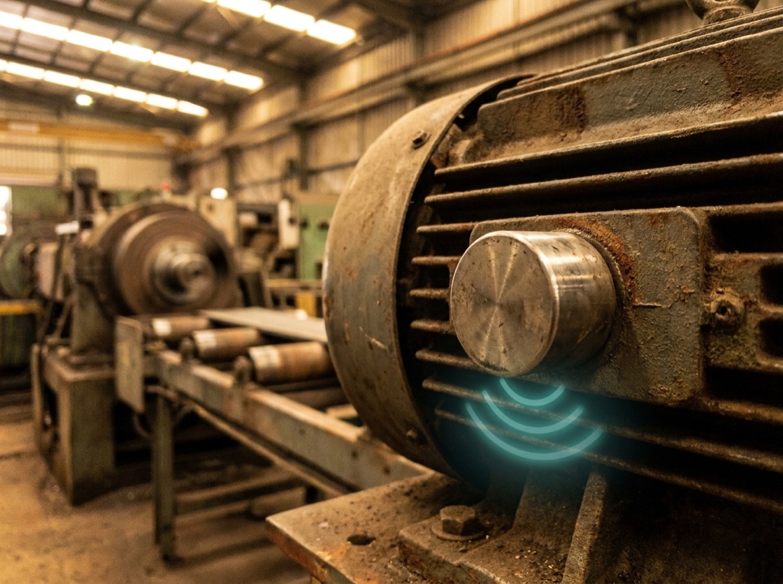 A compact wireless vibration sensor mounted on fixed rotating equipment in an industrial plant