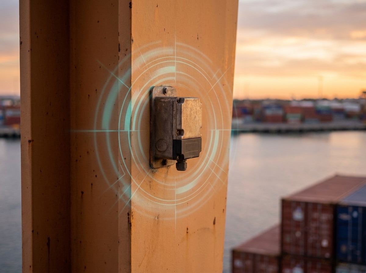 A wireless condition-monitoring sensor mounted on a quay-crane structure at an Australian container port, with a subtle teal data overlay