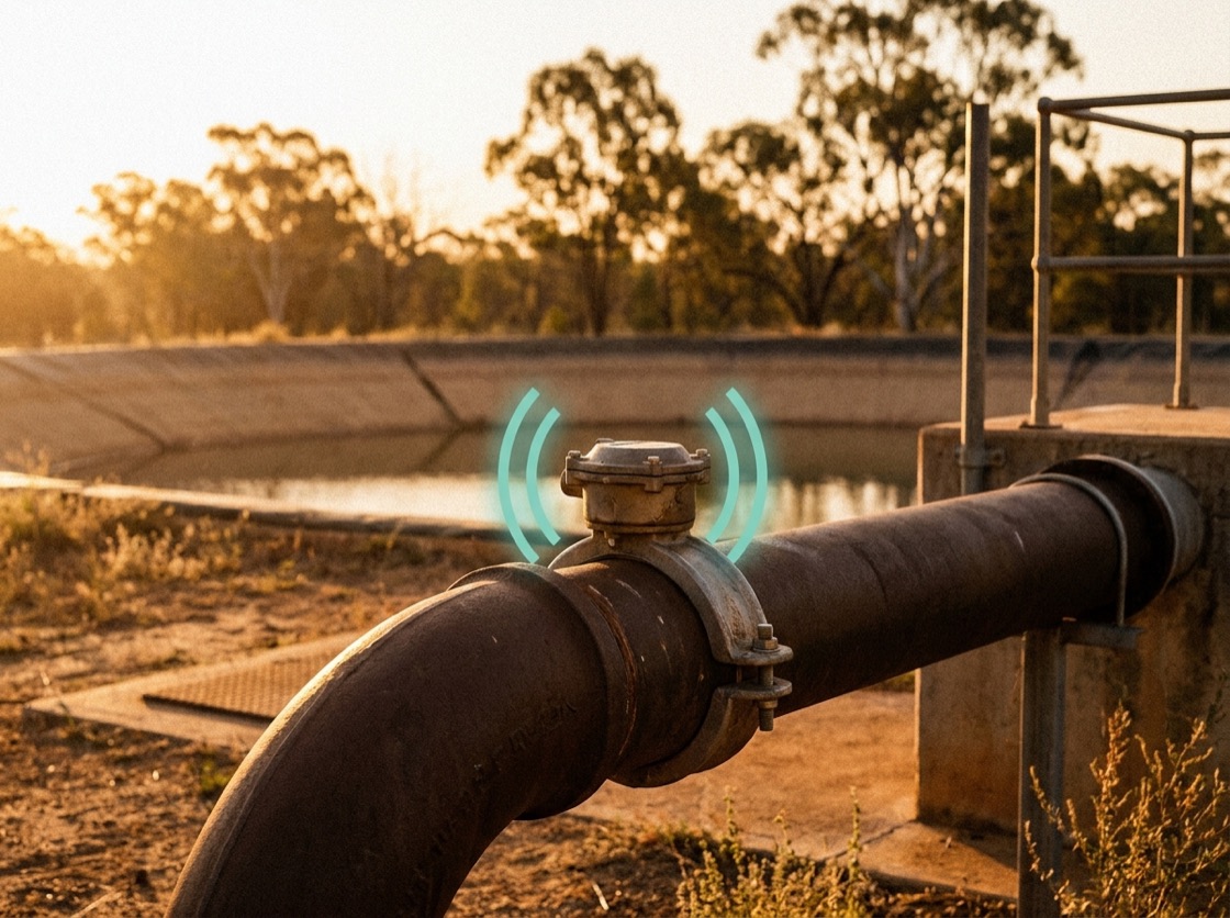 A water pipe and valve with a sensor node emitting a teal signal overlay, beside a reservoir in warm Australian daylight.