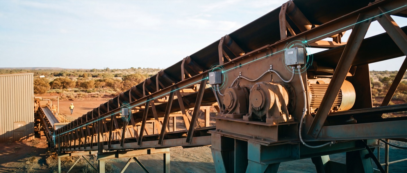 Conveyor drive motors at an Australian processing operation with unbranded condition-monitoring sensor nodes mounted on them, linked by a subtle teal data line