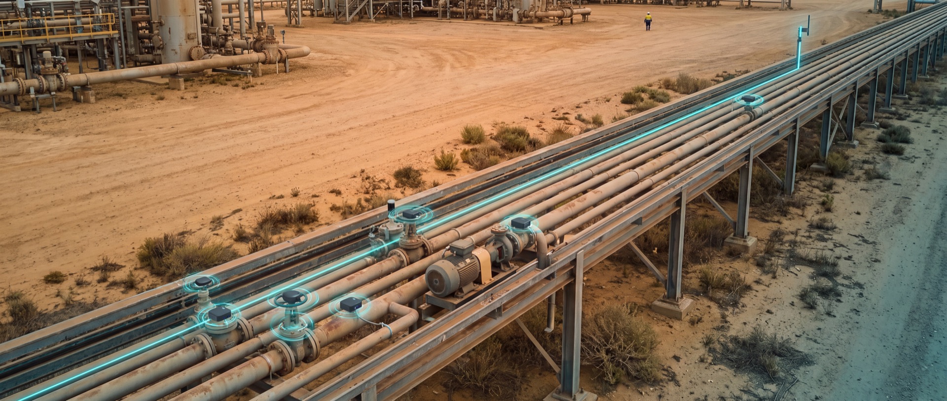 An elevated pipe rack in a gas-processing facility carrying parallel process lines, with unbranded wireless condition-monitoring sensor nodes mounted along it and a subtle teal data line tracing the length of the rack back to a gateway