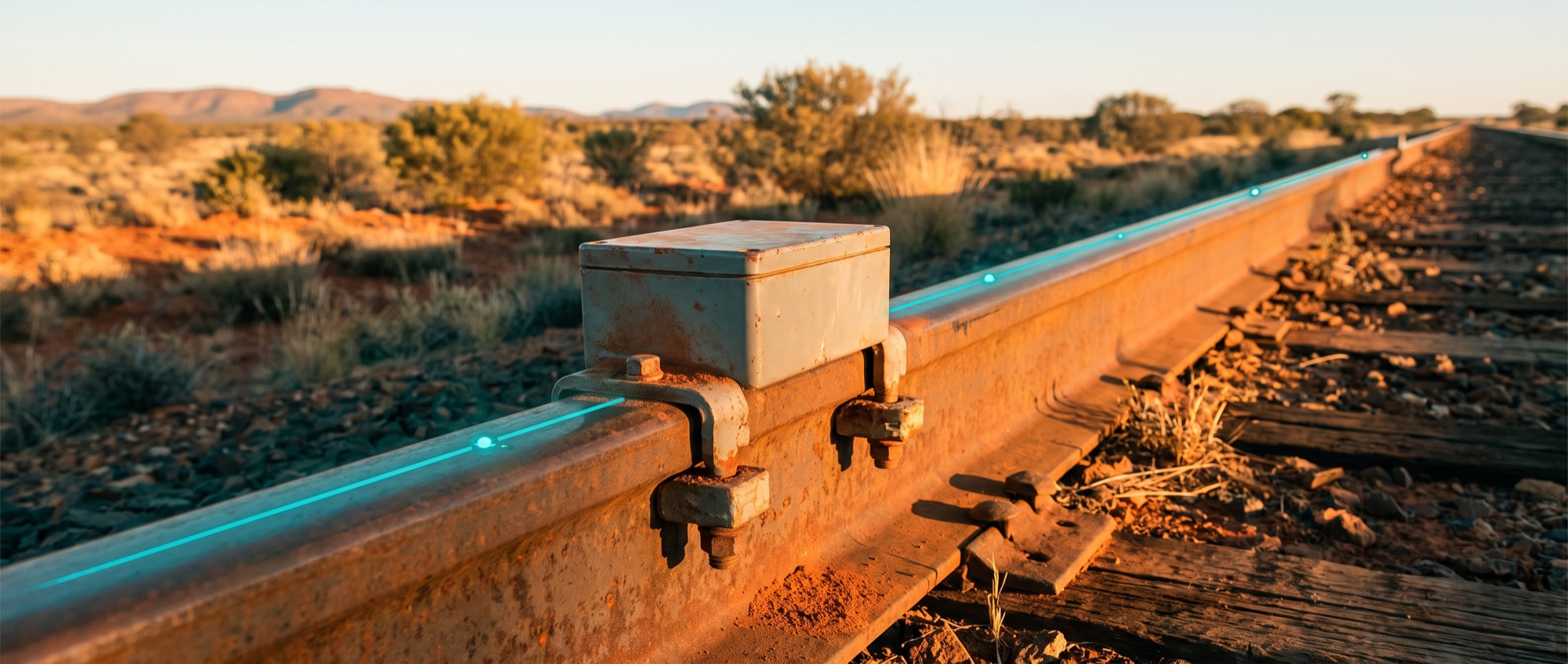 Steel railway rail receding to the horizon with a generic wireless sensor node bolted to the rail, traced by a single teal data line, the no-cabling condition monitoring evidence
