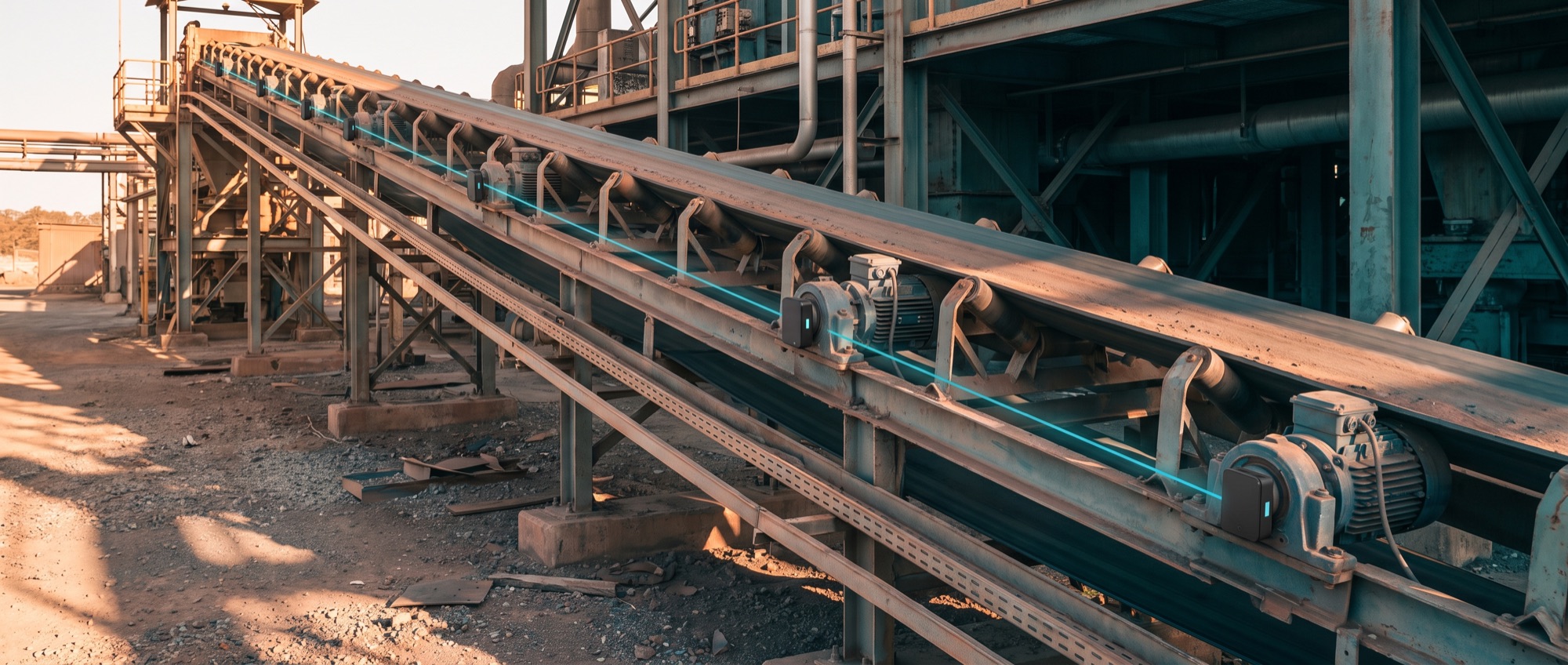 A long conveyor drive and rotating plant with several unbranded wireless condition-monitoring sensor nodes mounted along it, linked by a subtle teal data line and no cabling