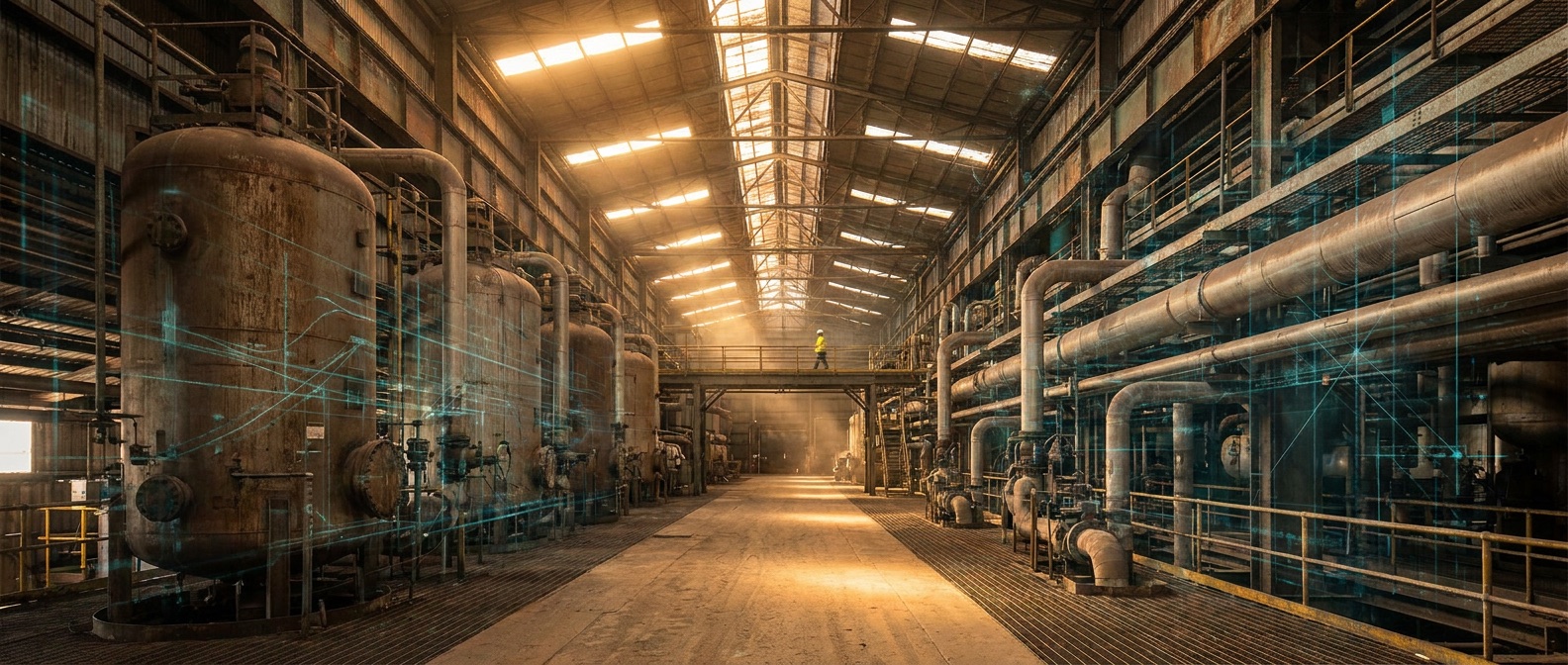 Wide environmental view of a heavy-industry process plant interior, pipework and pressure vessels receding into perspective with a restrained teal telemetry overlay woven through the architecture