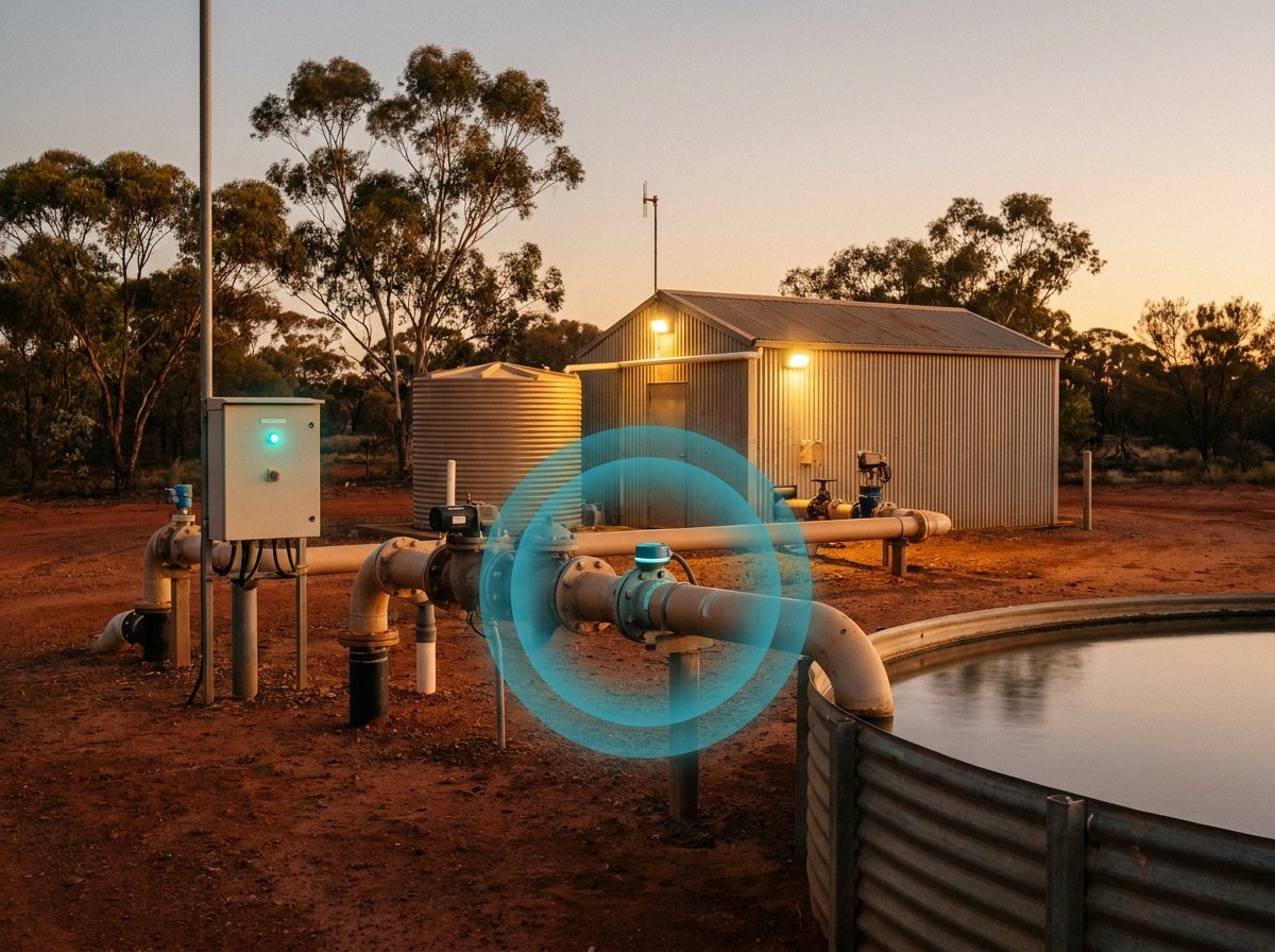 A water pump station at dusk with a teal real-time alert pulse radiating from a sensor node