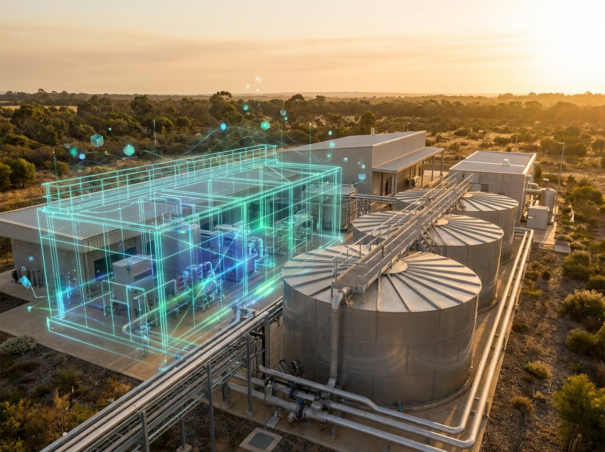 An Australian water treatment facility mirrored by a translucent teal digital-twin data model