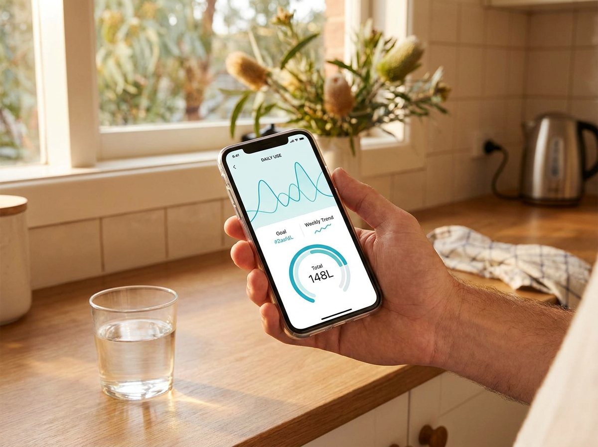 A hand holding a phone showing a teal water-usage dashboard in a bright Australian kitchen