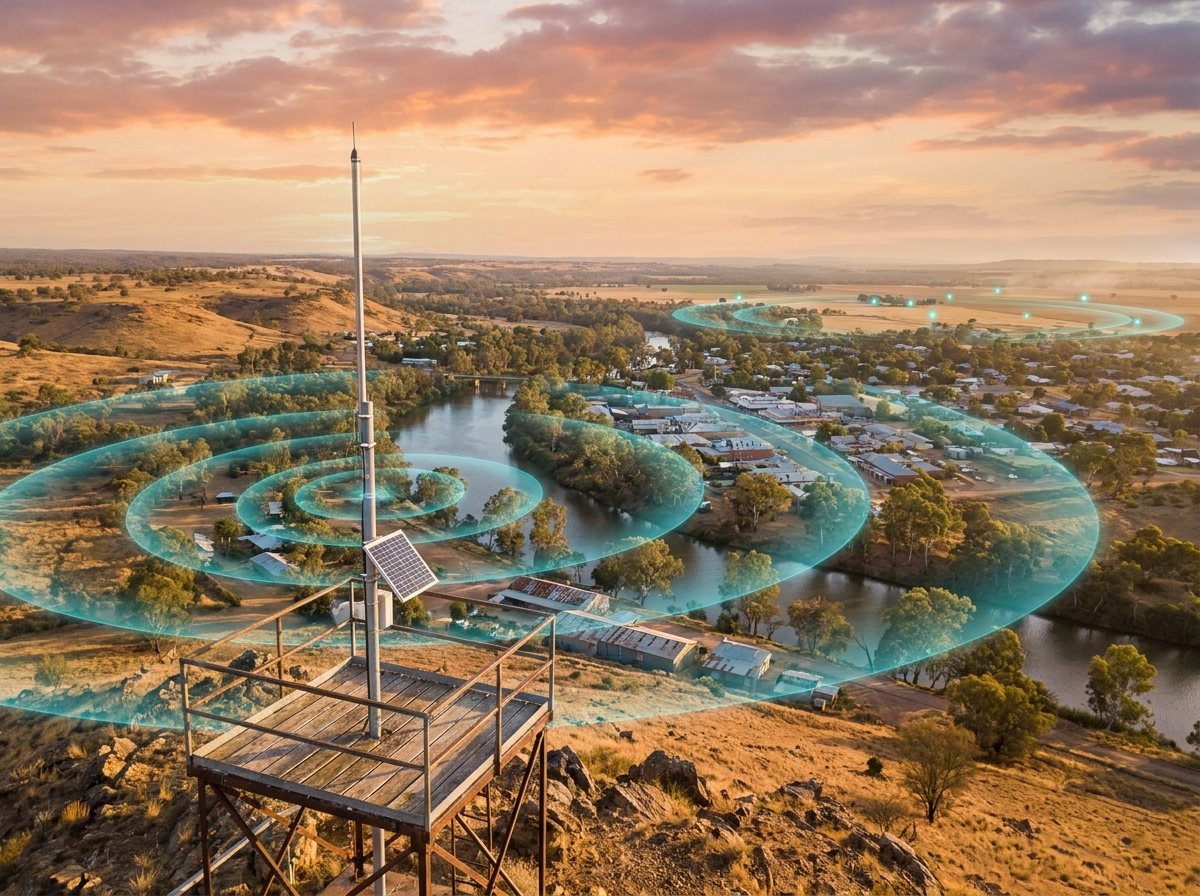 A LoRaWAN gateway antenna with teal coverage rings radiating across an Australian town and river