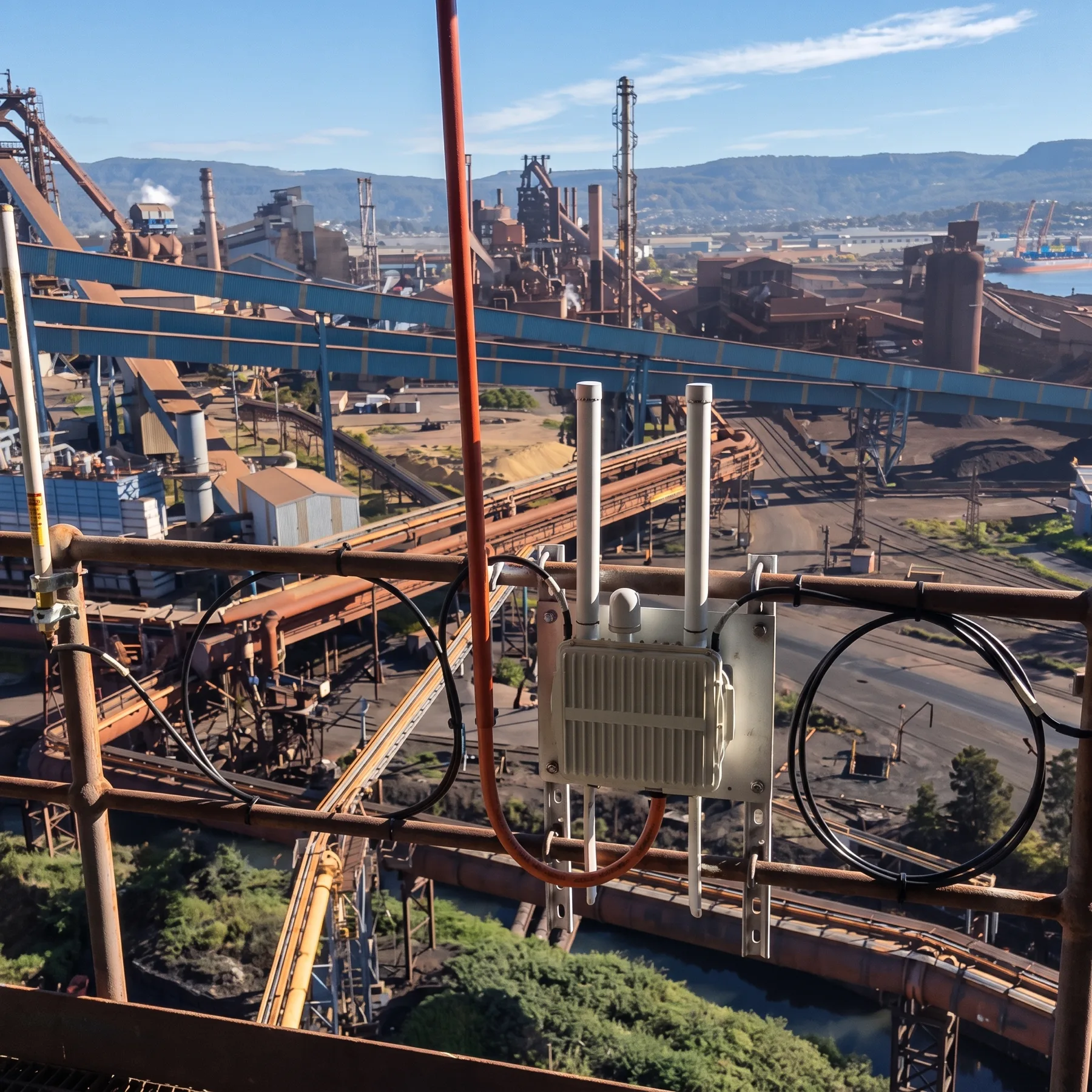 A Meshed LoRaWAN gateway installed above a heavy-industry steelworks, providing long-range wireless coverage across the site