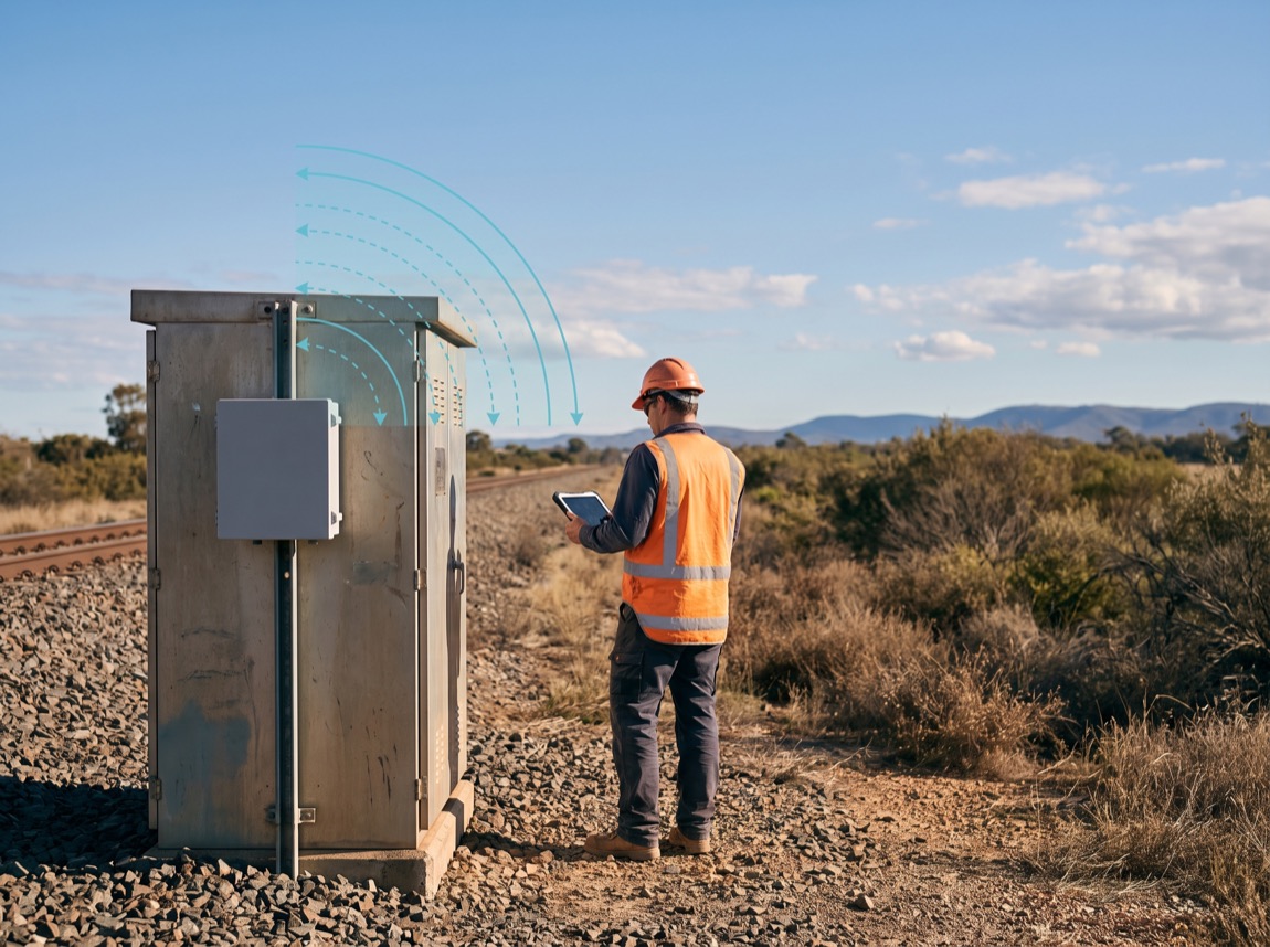 Field engineer with a tablet beside a trackside signalling cabinet carrying a generic wireless sensor node, with a subtle teal wireless signal overlay