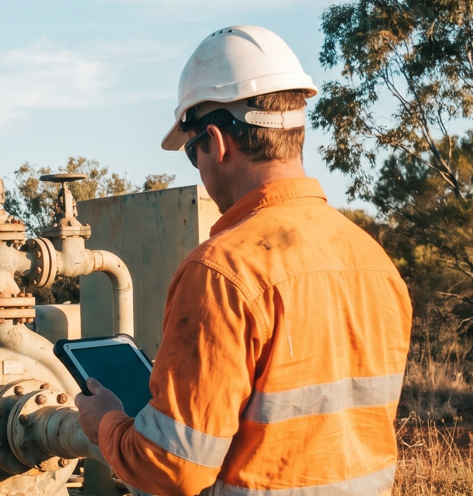 An engineer in hi-vis inspects a pump and valve skid on a rugged tablet at an outdoor Australian utility site.