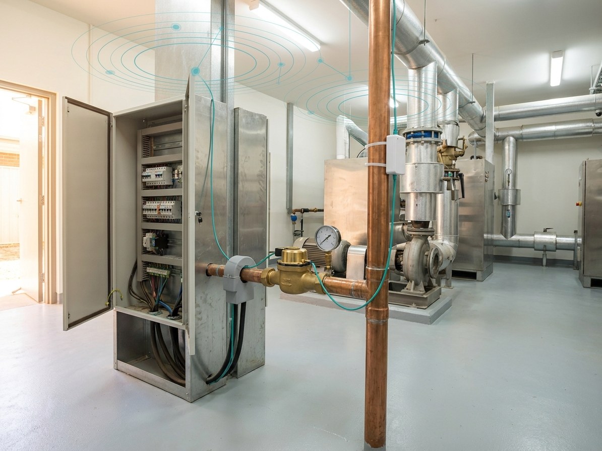 A clean building services plant room with a labelled switchboard, a clamp-on current sensor over the cable tails and a brass water meter on a copper main, each carrying a small wireless logger.