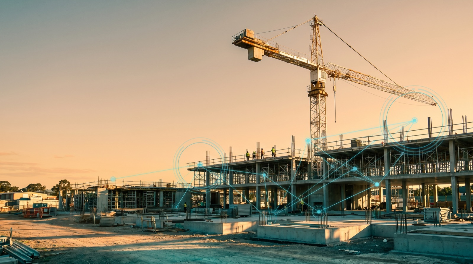 Active Australian construction site at mid-distance with a tower crane against a warm sky, overlaid with subtle teal telemetry data lines
