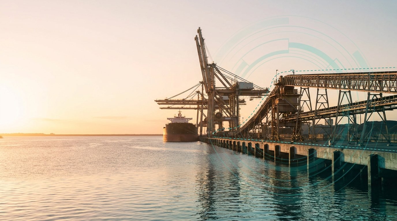 An Australian industrial bulk export terminal at golden hour, ship-to-shore gantry cranes and conveyor gantries along the wharf with a moored bulk carrier, overlaid with a subtle teal data network