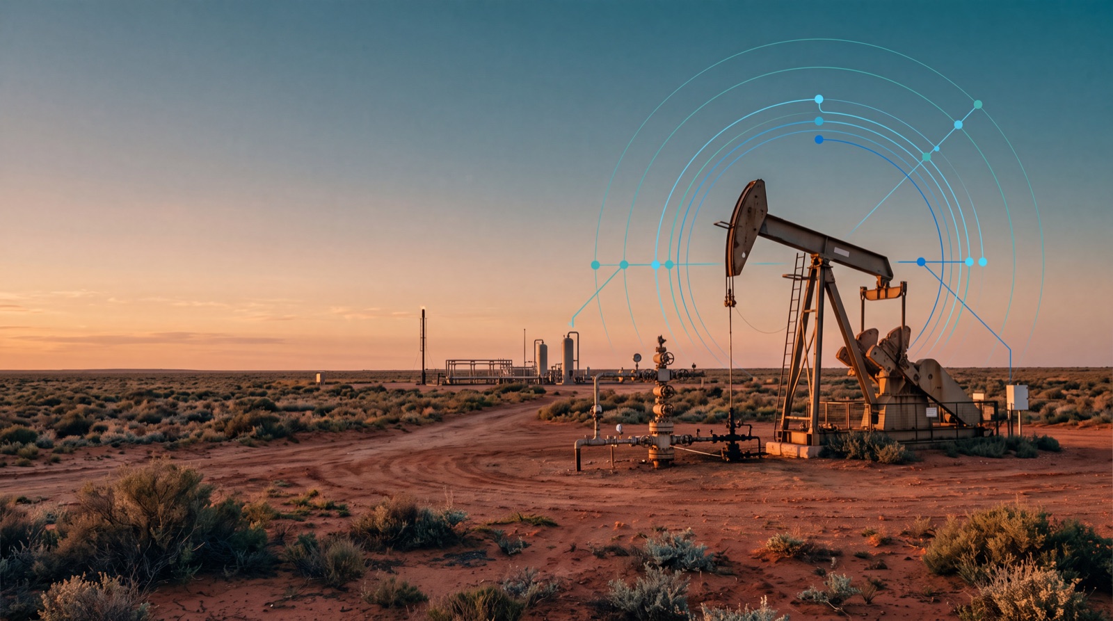 Remote inland gas-processing facility with pipe racks and separator vessels at golden hour, overlaid with subtle teal sensing data rings.