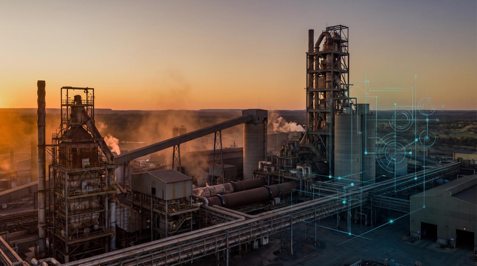 A continuous heavy-industry steel and cement works at dusk, fixed plant, furnaces, pipe racks and silos, overlaid with a subtle teal telemetry network