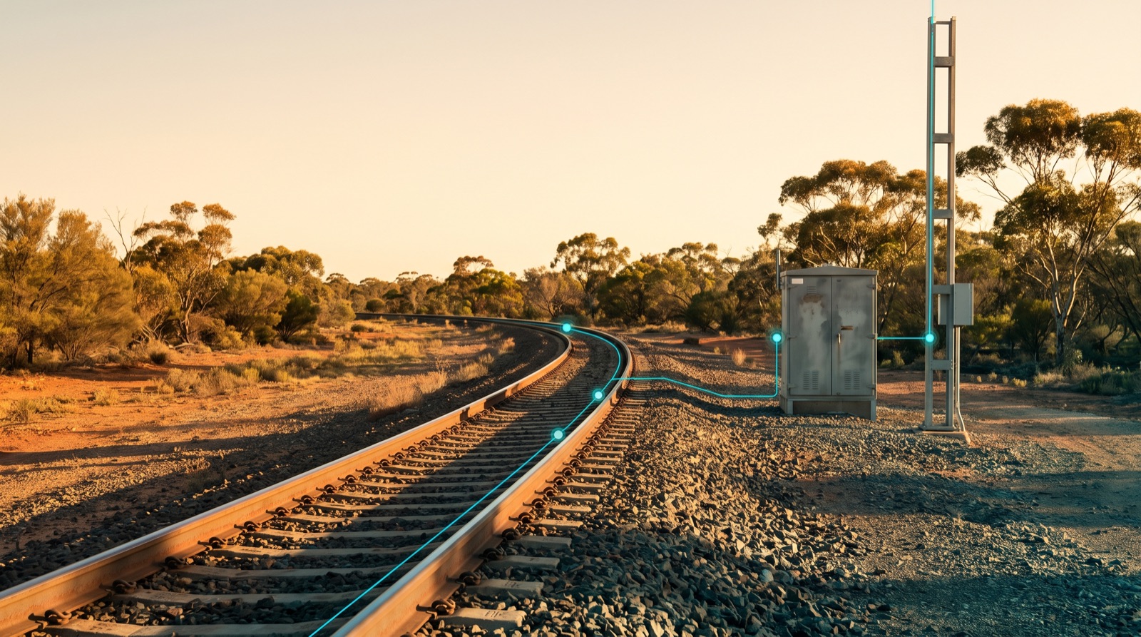 Regional Australian rail corridor at golden hour with a lineside signalling cabinet and communications mast, overlaid with a subtle teal data line along the track.