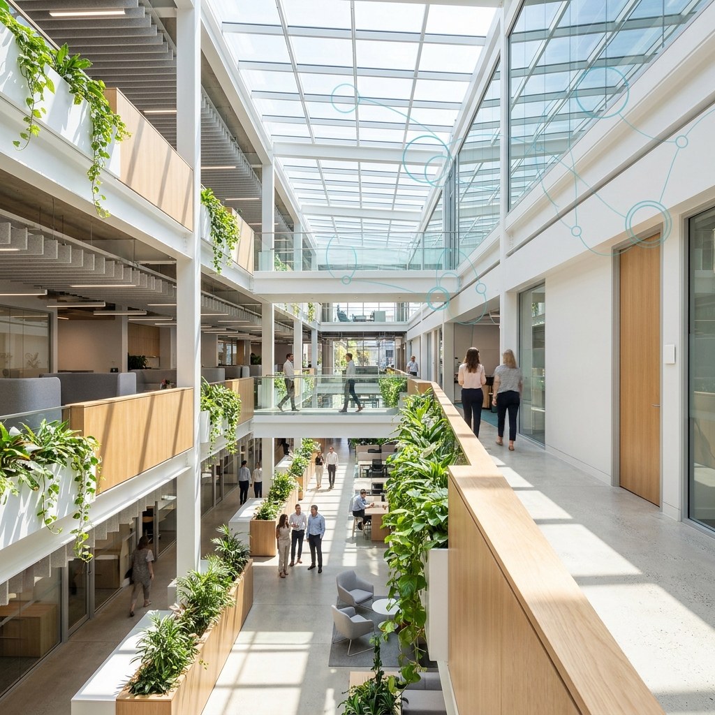 A sunlit atrium inside an Australian commercial office building, people moving across the walkways in warm morning daylight, with a restrained teal data overlay across the upper glazing.