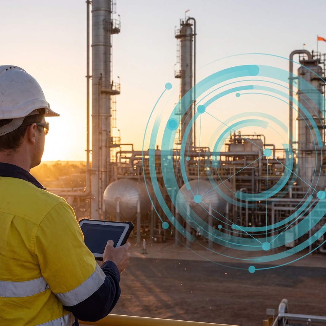 A maintenance engineer in hi-vis assesses heavy rotating plant on a rugged tablet inside an Australian processing facility, a subtle teal data overlay across the equipment.