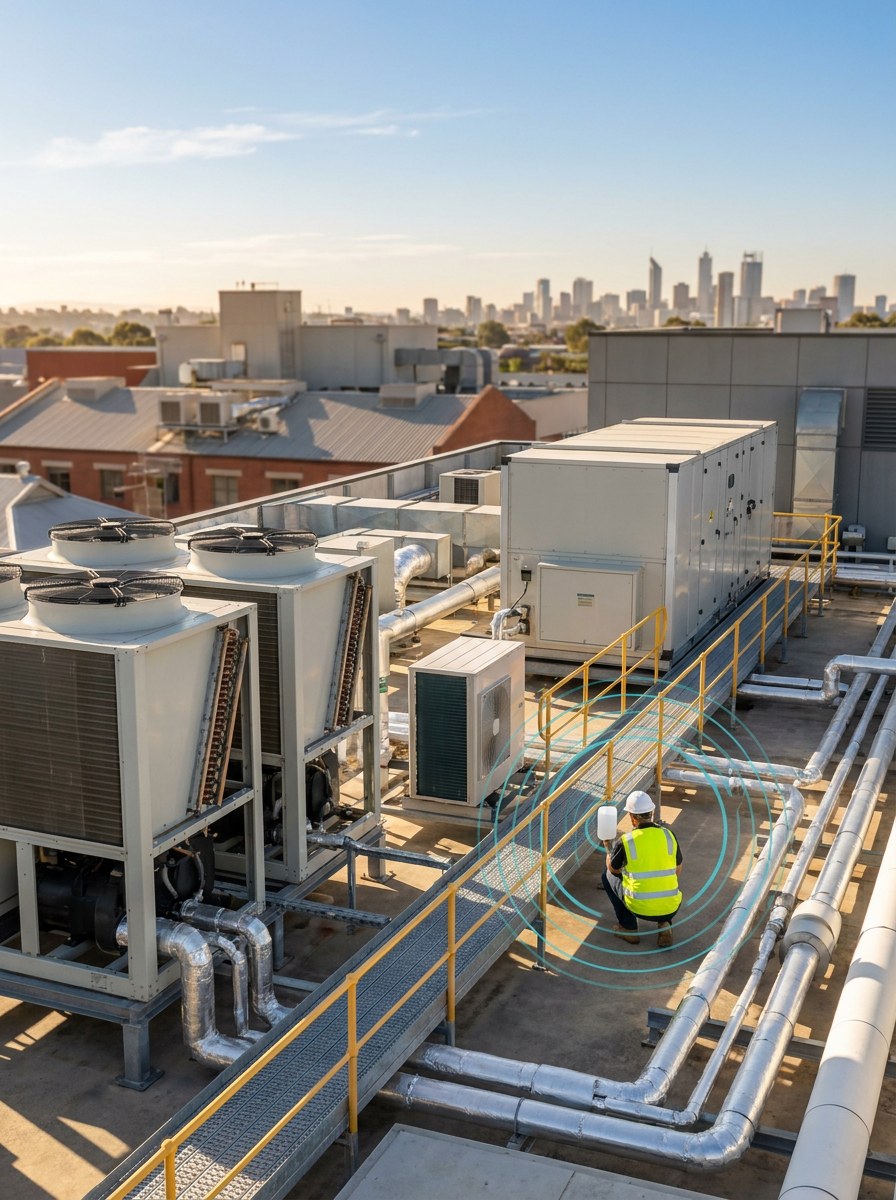 A rooftop plant deck with chillers, an air handling unit and a heat pump, a technician in hi-vis checking a small wireless sensor clipped to the pipework.