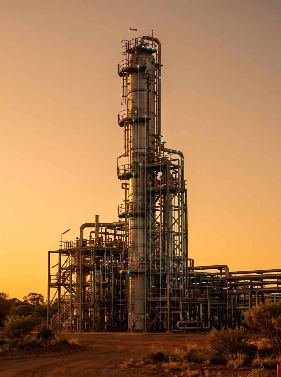 Tall industrial process towers and steel pipework rising against a warm Australian sky.
