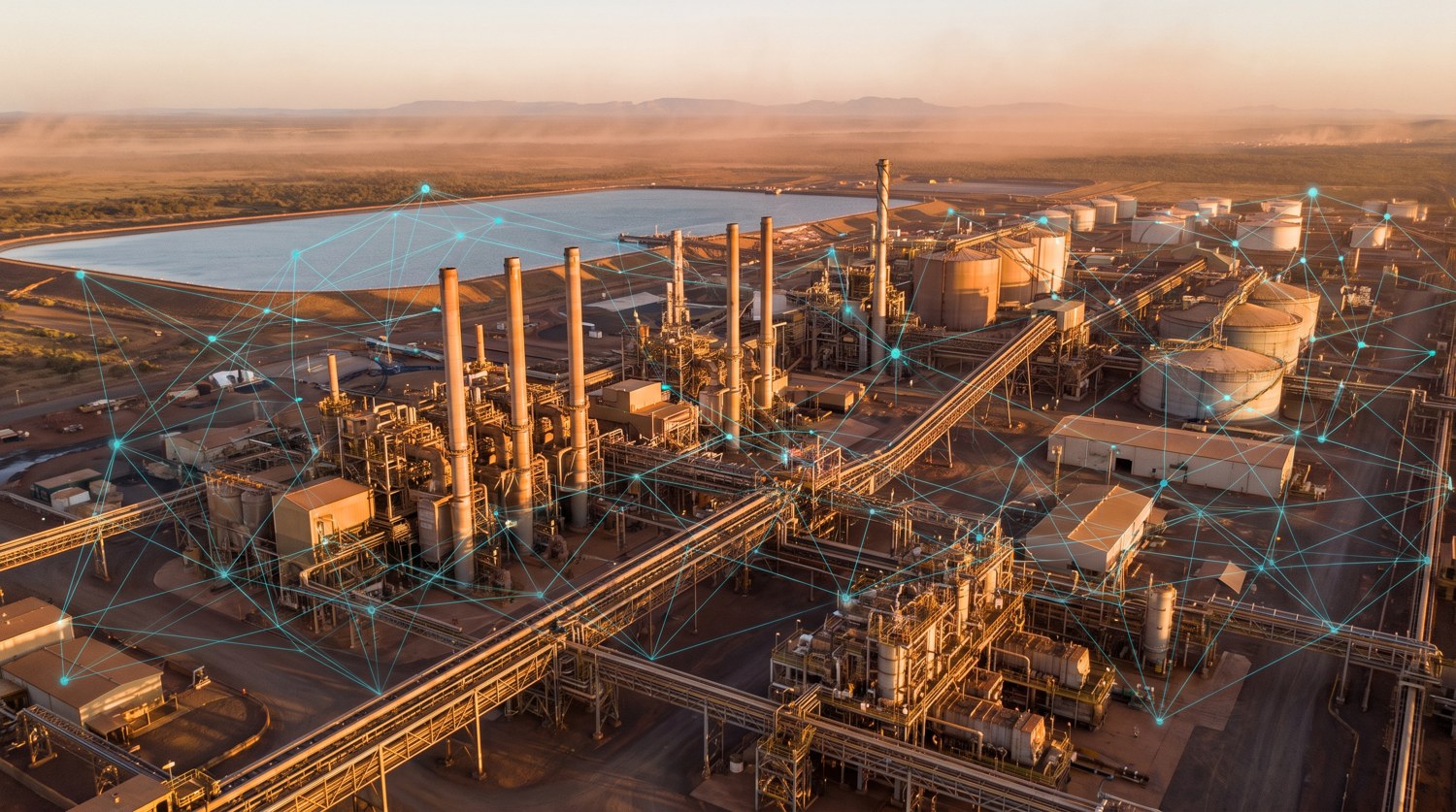 An aerial view of a large Australian industrial and utility complex linked by a managed sensor network.