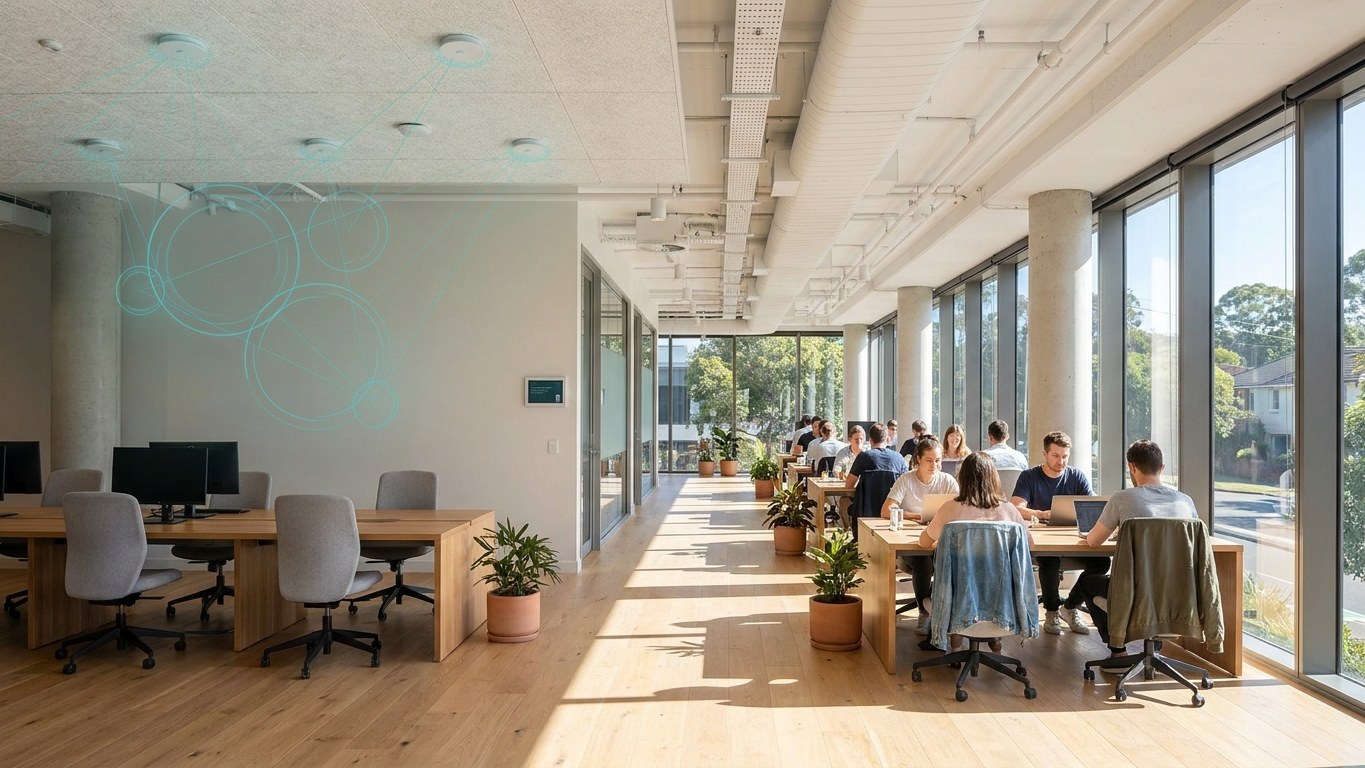 A bright open plan workplace floor where one half is occupied and the other half sits empty, with a subtle teal overlay marking the unused desks.