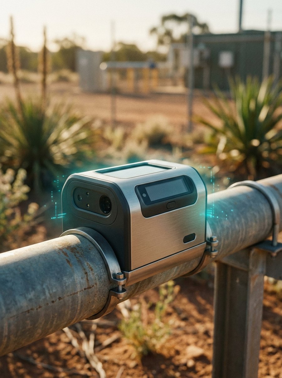 A modern smart water sensor and flow meter clamped to a pipe at an Australian utility site, with a subtle teal data glow in warm daylight.