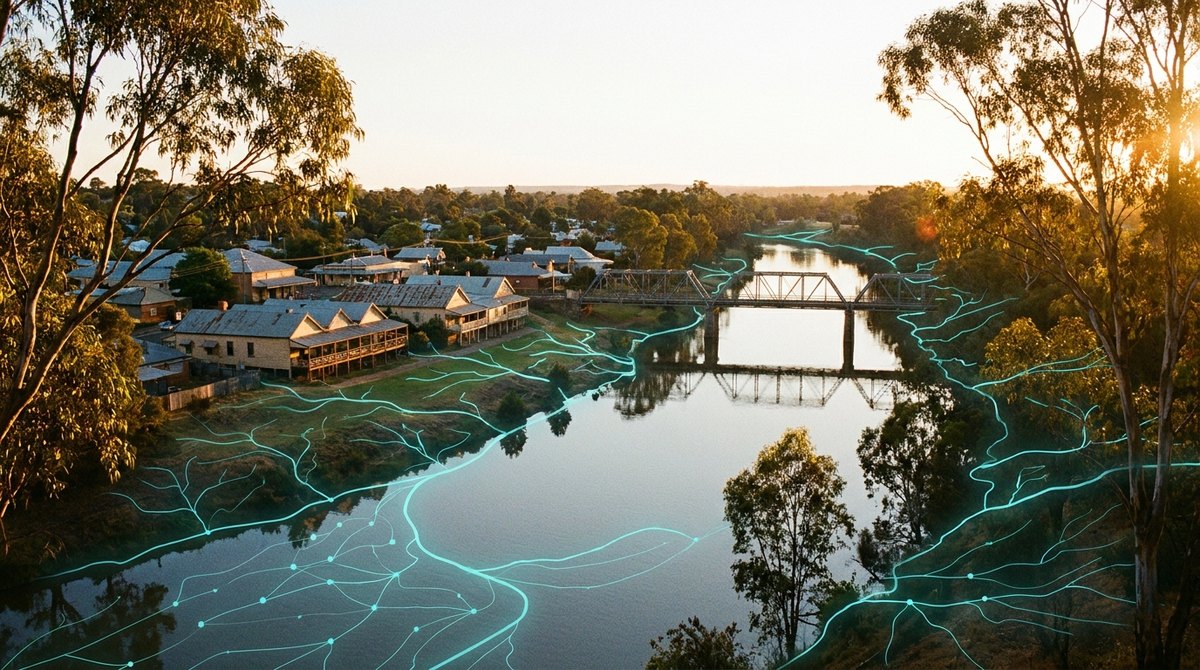 A golden-hour Australian riverside town with a heritage bridge, overlaid with a teal smart-water network tracing the river through the community.