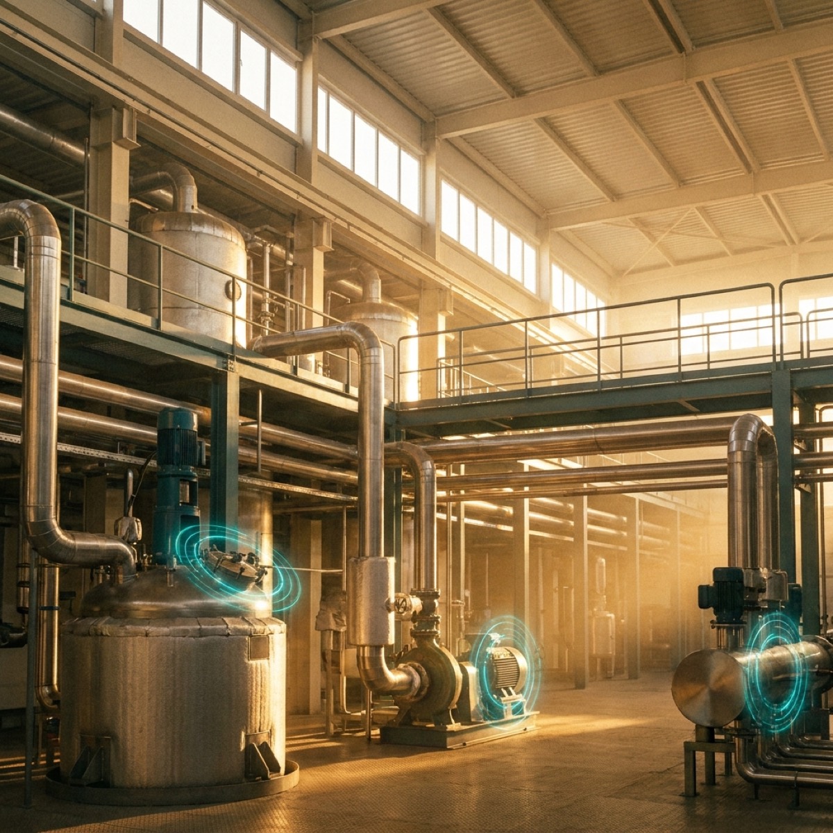 Interior of a modern process manufacturing plant with insulated tanks, stainless steel pipe runs and motor-driven pumps under warm skylight, restrained teal vibration-monitoring rings on rotating equipment