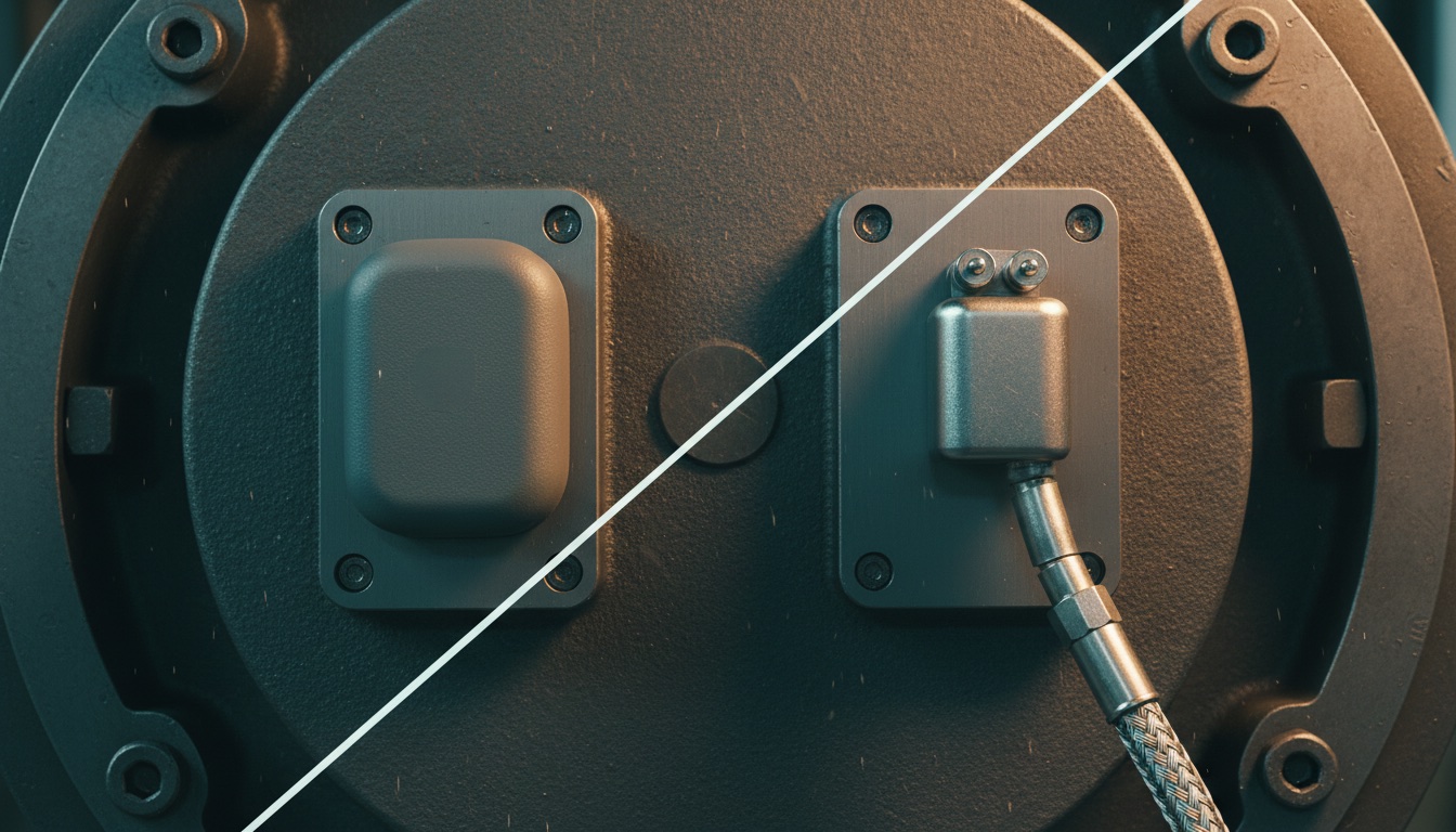 Split image on a machine bearing housing, on the left a wireless sensor with no cable, on the right a wired sensor with an armoured cable, divided by a diagonal line