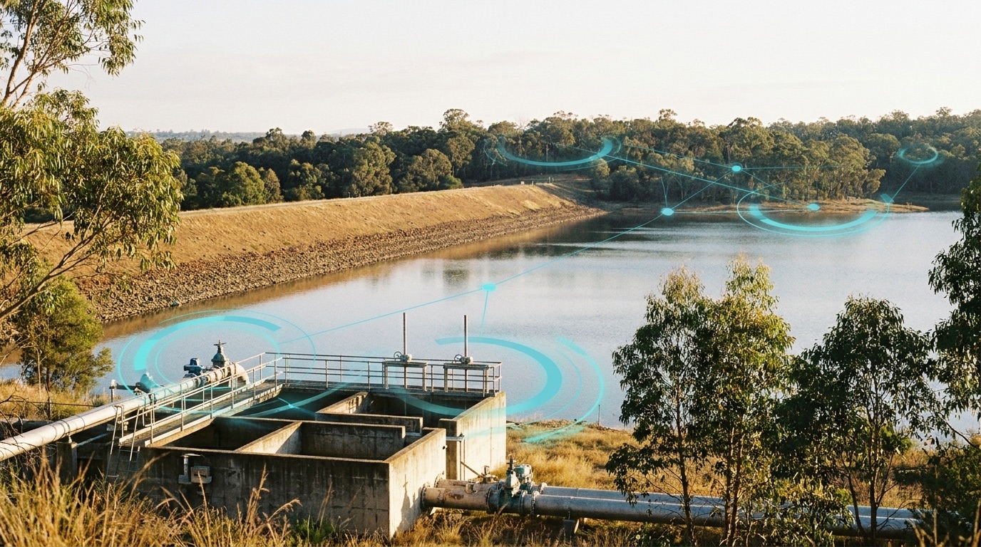 An Australian reservoir and water treatment structure in warm daylight, with a restrained teal data overlay across the water surface.