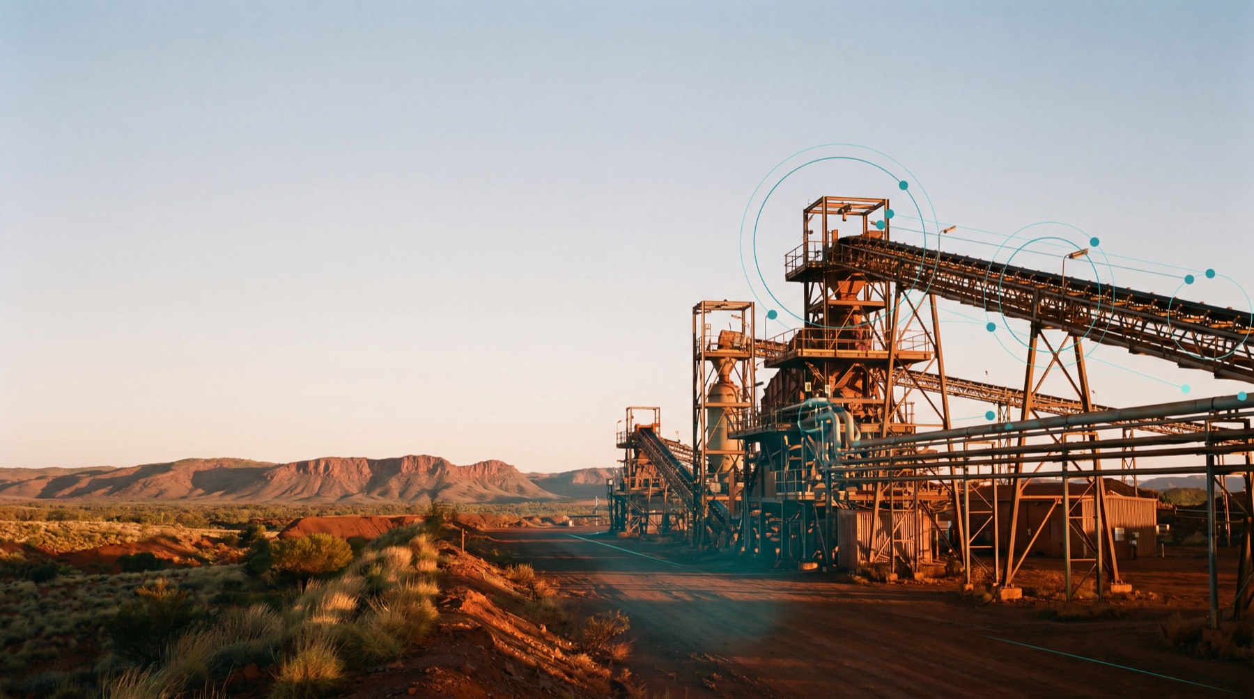 Fixed ore-processing plant and conveyor gantries at dusk in the Australian Pilbara, overlaid with subtle teal telemetry data rings
