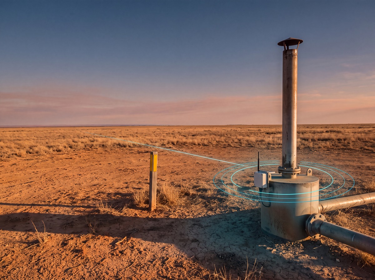 A high point vent stack with an external catch pot in a remote arid gas field, fitted with a battery-powered wireless sensor and teal data rings tracing an alert to the horizon, illustrative
