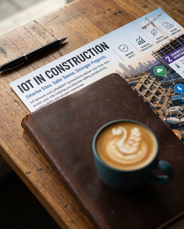 Meshed IoT in Construction infographic resting on a workbench beside a coffee