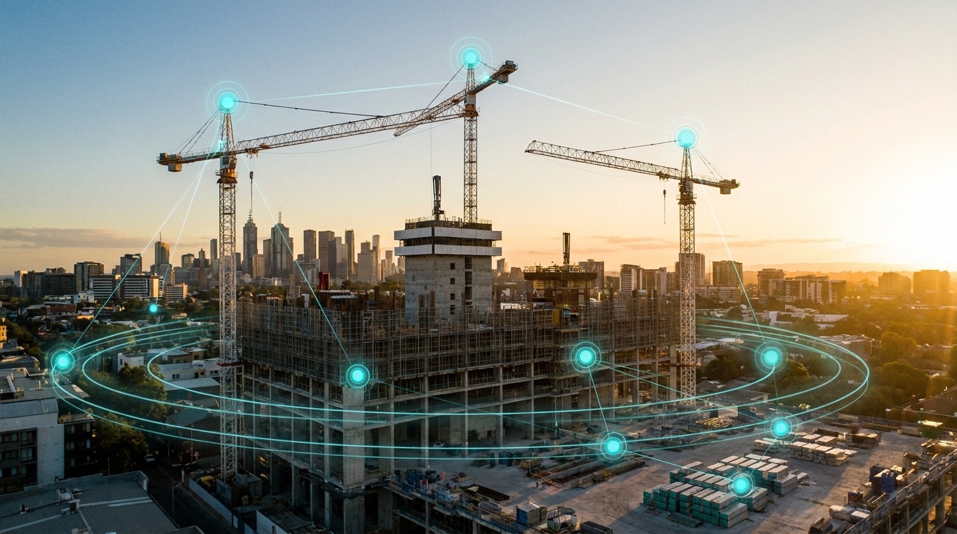 Aerial golden-hour view of a major Australian construction site with tower cranes and a city skyline, overlaid with a restrained teal IoT sensing network monitoring the whole site