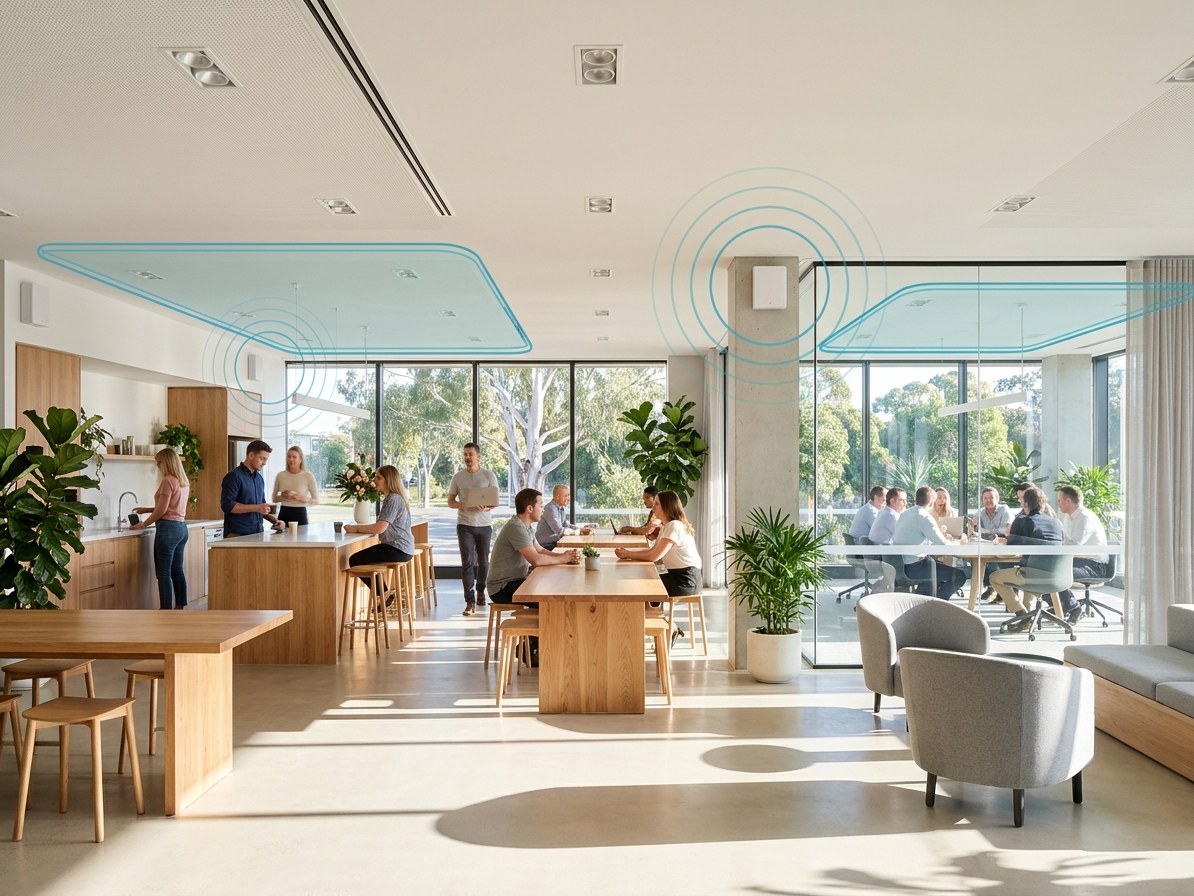 A busy shared kitchen and breakout floor beside a glazed meeting room in an Australian office, with a small plain wireless sensor on a pillar and restrained teal outlines marking each zone rather than any individual.
