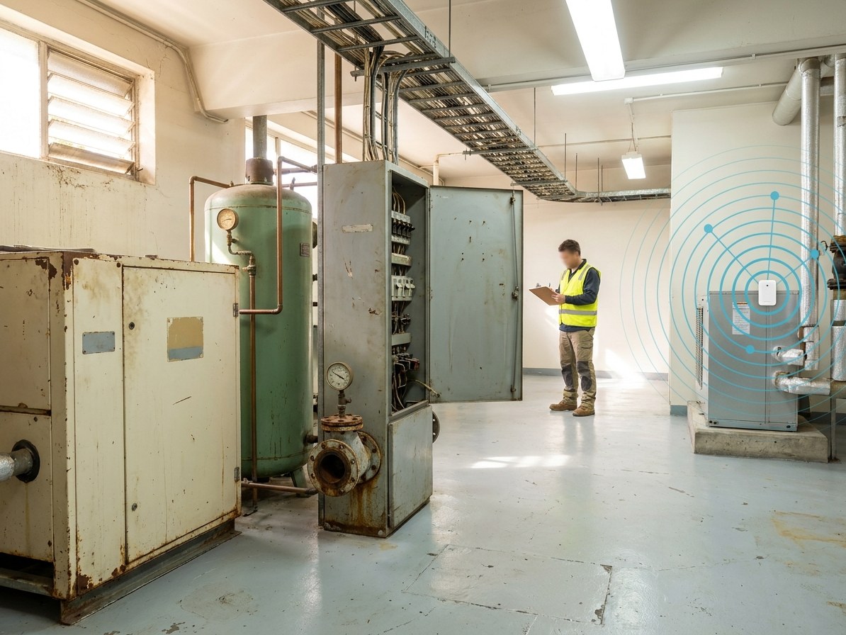 An older Australian plant room where ageing standalone equipment carries no sensors while a single newer asset in the background shows a teal data overlay, and a technician makes a manual inspection round with a clipboard.