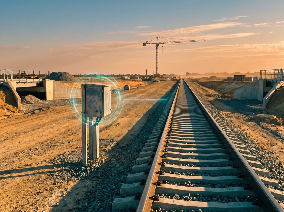 Rail corridor under construction at mid-distance with a trackside monitoring enclosure carrying a subtle teal telemetry overlay, linear perspective