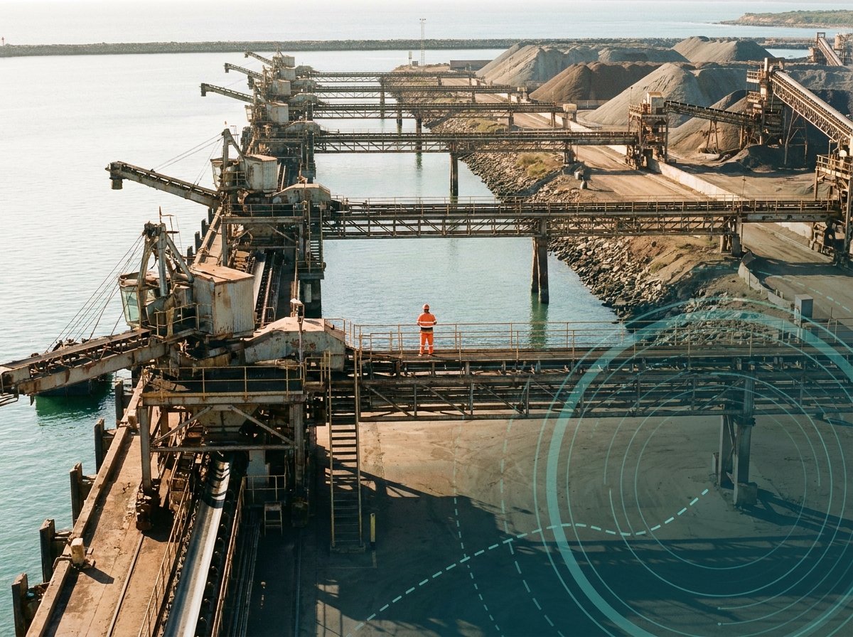 A regional Australian bulk export terminal with multiple berths, ship loaders and conveyor gantries over coastal water, with a faint teal data overlay