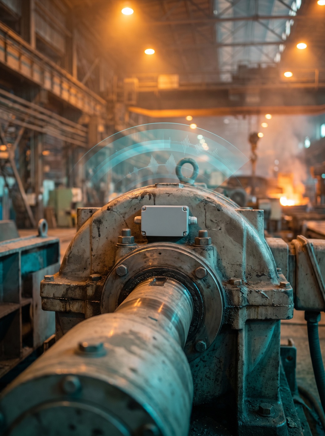 A steel-mill rotating drive with an unbranded wireless vibration sensor mounted on the bearing cap, warm plant lighting, anonymised with no logos