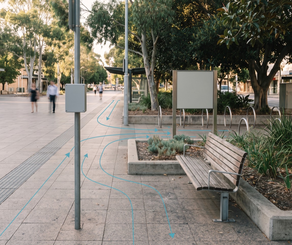 Metropolitan transport-precinct public realm with a wireless sensor node on a pole and teal movement-flow lines tracing anonymised pedestrian activity across the paving