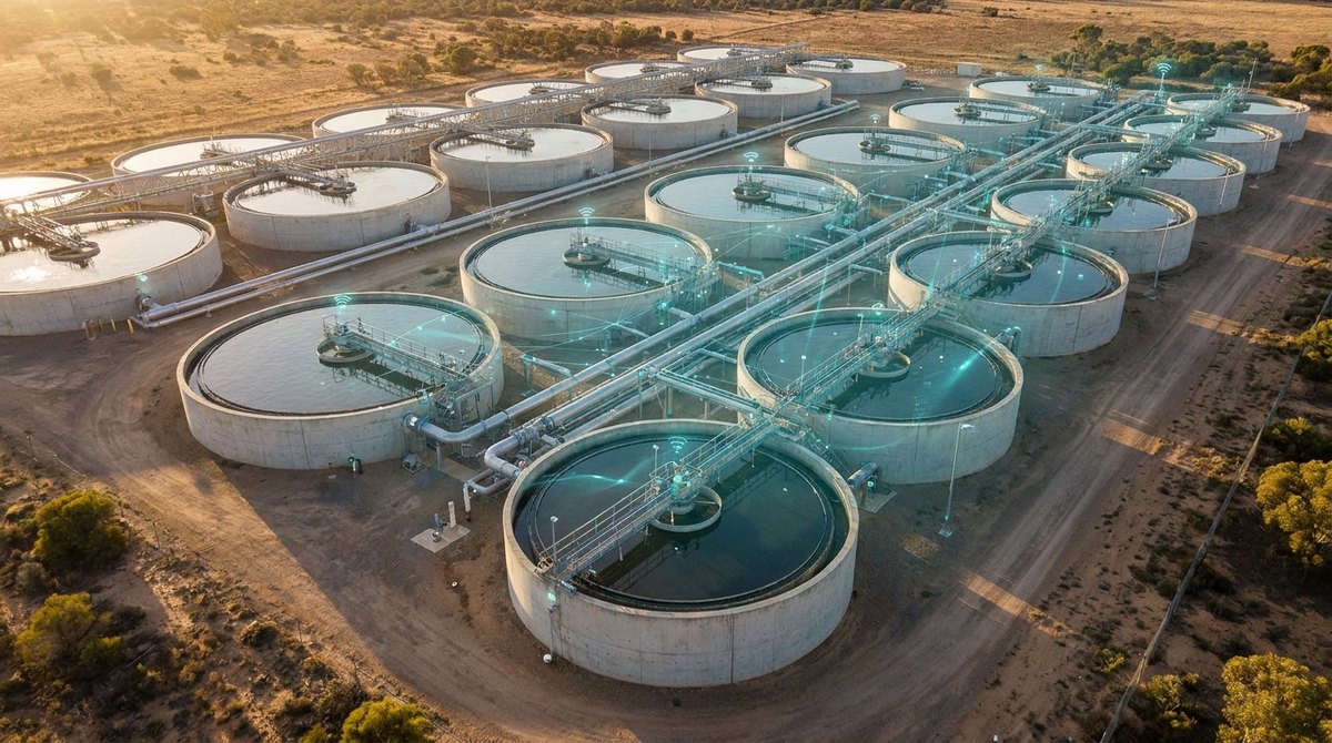 An aerial view of a large-scale Australian water treatment plant, rows of clarifier tanks and pipework carrying deployed sensors, in warm golden light.